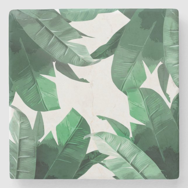 Tropical Banana Leaf Print Marble Stone Coaster (Front)
