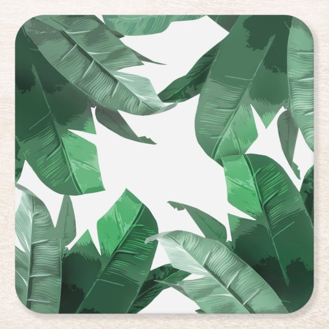 Tropical Banana Leaf Print Square Coasters (Front)