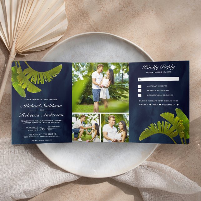 Tropical Banana Leaves 3 in 1 Navy Blue Wedding Tri-Fold Invitation (Creator Uploaded)