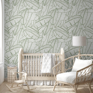 Tropical Banana Leaves Line Art Sage Green Wallpaper