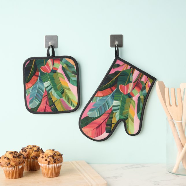 Tropical Banana Leaves Oven Mitt & Pot Holder Set (Insitu(Hanging))