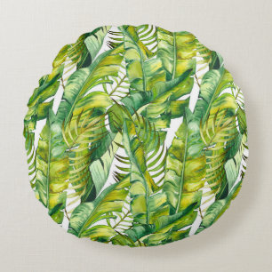 Tropical Banana Leaves Watercolor Pattern Round Pillow