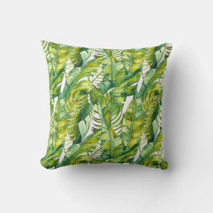 Tropical Banana Leaves Watercolor Pattern Throw Pillow