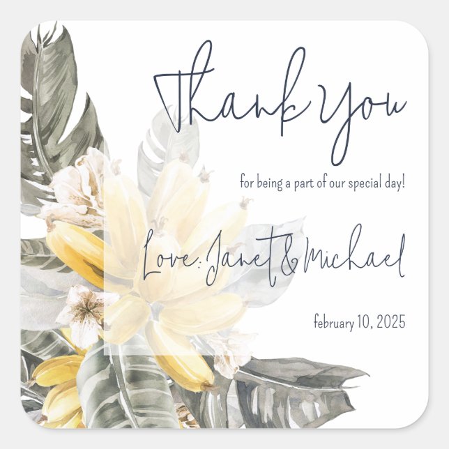 Tropical Banana Leaves Wedding Thank You Favour Square Sticker (Front)
