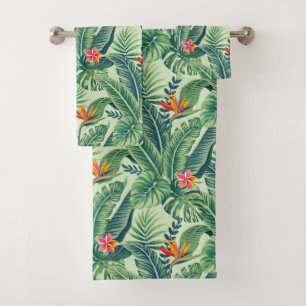 Tropical Banana Monstera Palm Leaves & Flowers Bath Towel Set