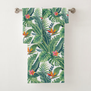 Tropical Banana Monstera Palm Leaves & Flowers Bath Towel Set