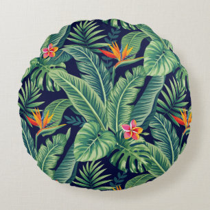 Tropical Banana Monstera Palm Leaves & Flowers Round Pillow