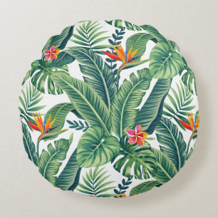 Tropical Banana Monstera Palm Leaves & Flowers Round Pillow