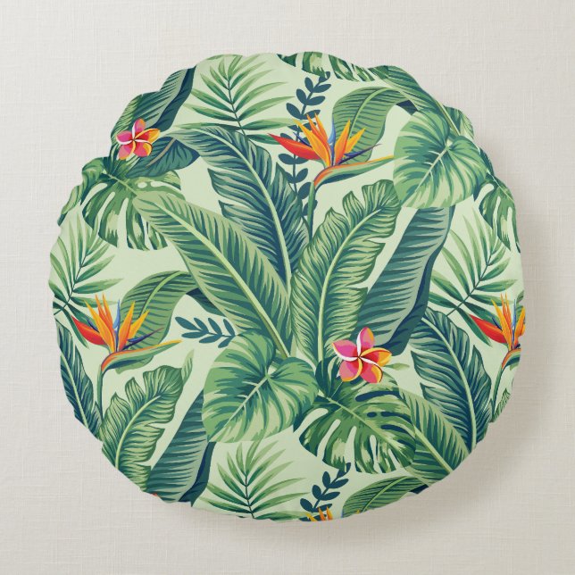 Tropical Banana Monstera Palm Leaves & Flowers Round Pillow (Front)