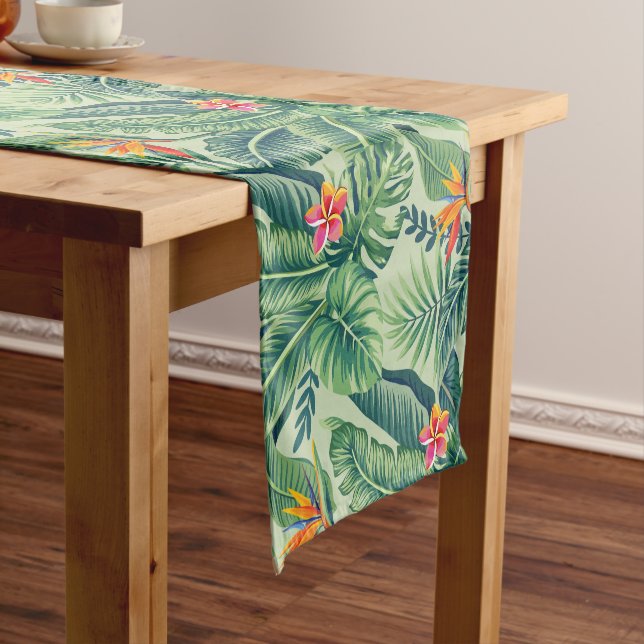 Tropical Banana Monstera Palm Leaves & Flowers Short Table Runner (In Situ)