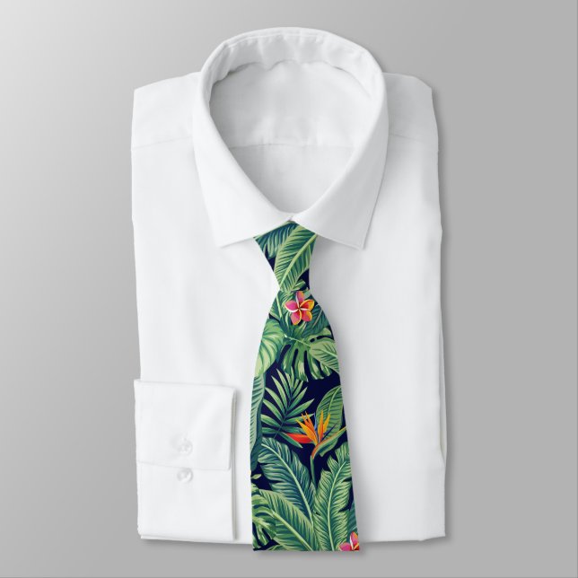 Tropical Banana Monstera Palm Leaves & Flowers Tie (Tied)