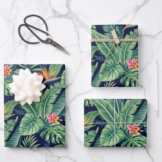 Tropical Banana Monstera Palm Leaves & Flowers Wrapping Paper Sheet (Front)