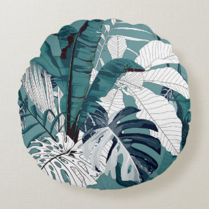 Tropical Bananas Monstera: Fashionable Seamless. Round Pillow