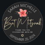 Tropical Bat Mitzvah Black Gold Floral Watercolor Classic Round Sticker<br><div class="desc">Be proud, rejoice and celebrate this milestone of your favourite Bat Mitzvah whenever you use this sophisticated, personalized sticker! A stylish, stunning, colourful, tropical watercolor plumeria flower, faux gold handwritten script, Star of David and glitter dots, along with white modern sans serif type, overlay a dramatic black background. Personalize the...</div>
