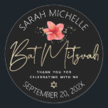 Tropical Bat Mitzvah Black Gold Floral Watercolor Classic Round Sticker<br><div class="desc">Be proud, rejoice and celebrate this milestone of your favourite Bat Mitzvah whenever you use this sophisticated, personalized sticker! A stylish, stunning, colourful, tropical watercolor plumeria flower, faux gold handwritten script, Star of David and glitter dots, along with white modern sans serif type, overlay a dramatic black background. Personalize the...</div>