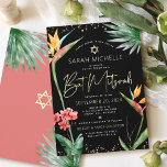 Tropical Bat Mitzvah Black Gold Floral Watercolor  Invitation<br><div class="desc">Be proud, rejoice and showcase this milestone of your favourite Bat Mitzvah with this sophisticated, personalized invitation! Stylish, stunning, colourful, tropical watercolor birds of paradise flowers, faux gold handwritten script, Star of David and glitter dots, along with modern sans serif type, overlay a dramatic, black background. Additional watercolor palm leaves...</div>
