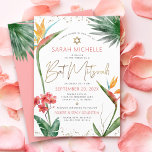 Tropical Bat Mitzvah Floral Watercolor Gold Script Invitation<br><div class="desc">Be proud, rejoice and showcase this milestone of your favourite Bat Mitzvah with this sophisticated, personalized invitation! Stylish, stunning, colourful, tropical watercolor birds of paradise flowers, faux gold handwritten script, Star of David and glitter dots, along with dark rose pink and grey modern sans serif type, overlay a white background....</div>