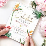 Tropical Bat Mitzvah Gold Script Floral Watercolor Enclosure Card<br><div class="desc">Be proud, rejoice and showcase this milestone of your favourite Bat Mitzvah! Include this modern, sparkly, personalized insert for additional information to your event. Stylish, stunning, colourful, tropical watercolor birds of paradise flowers, faux gold handwritten script, Star of David and glitter dots, along with dark rose pink and grey modern...</div>