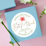 Tropical Bat Mitzvah Watercolor Floral Gold Script Classic Round Sticker<br><div class="desc">Be proud, rejoice and celebrate this milestone of your favourite Bat Mitzvah whenever you use this sophisticated, personalized sticker! A stylish, stunning, colourful, tropical watercolor plumeria flower, faux gold handwritten script, Star of David and glitter dots, along with spring green modern sans serif type, overlay a white background. Personalize the...</div>