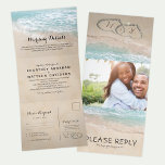 Tropical Beach 3 in 1 Wedding Tri-Fold Invitation<br><div class="desc">Welcome to the ultimate destination wedding trifold invitation, a romantic and beautiful way to invite your family and friends to join you on the beach for your special day. This unique trifold design features a picturesque tropical beach island background, a vintage sandy beach with two hearts in the shoreline, and...</div>