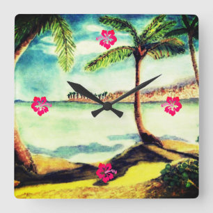 Tropical Beach and Palm Trees Square Wall Clock