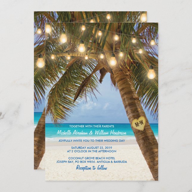 Tropical Beach and String Lights Wedding Invitation (Front/Back)