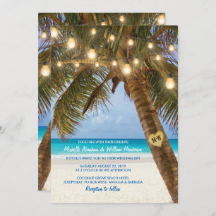 Tropical Beach and String Lights Wedding Invitation