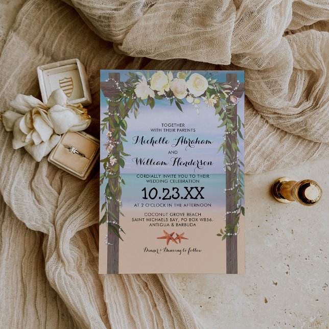Tropical Beach Arbor Floral Lights Wedding Invitation (Creator Uploaded)