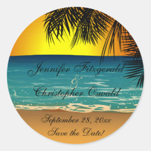 Tropical Beach at Sunset Wedding Save the Date Classic Round Sticker