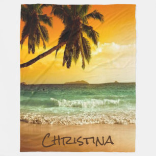 Tropical Beach at Sunset With Name Fleece Blanket