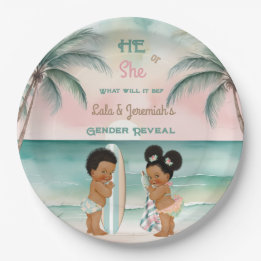 Tropical Beach Baby Gender Reveal Blush Sage Paper Plate