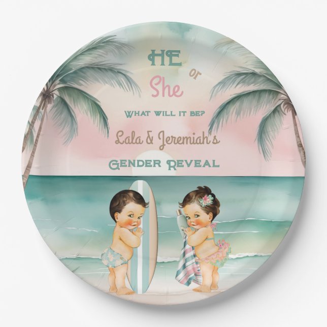 Tropical Beach Baby Gender Reveal Blush Sage Paper Plate (Front)
