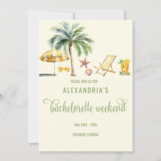 Tropical Beach Bach Weekend Itinerary and Invitation (Front)
