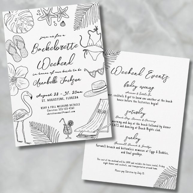 Tropical Beach Bachelorette Party Invitation (Hand Drawn Tropical Beach Bachelorette Party Invitation)