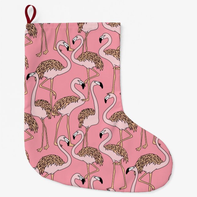 Tropical Beach Bird Pink Flamingo Large Christmas Stocking (Front)
