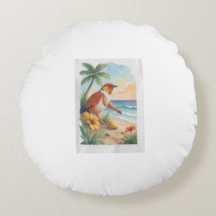 Tropical Beach Bird Watercolor Art Round Pillow