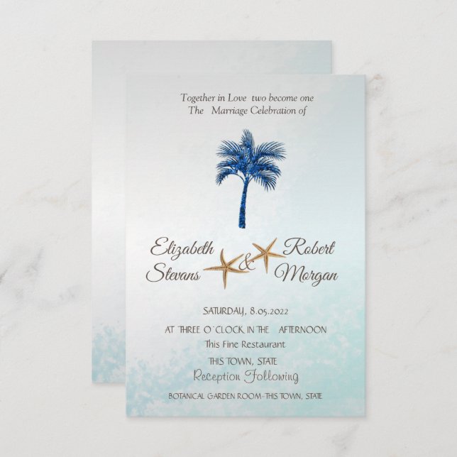 Tropical Beach Blue Glitter Palm Wedding  Invitation (Front/Back)