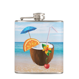 Tropical Beach,Blue Sky,Ocean Sand,Coconut Coctail Hip Flask
