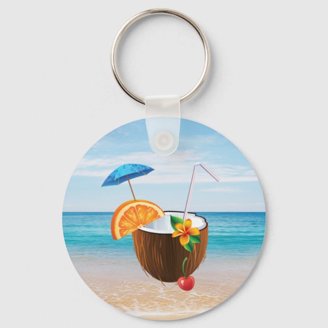 Tropical Beach,Blue Sky,Ocean Sand,Coconut Coctail Keychain (Front)