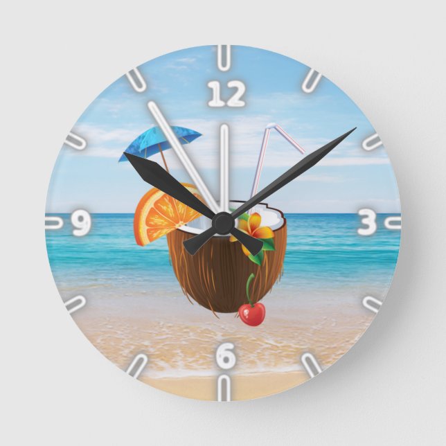 Tropical Beach,Blue Sky,Ocean Sand,Coconut Coctail Round Clock (Front)