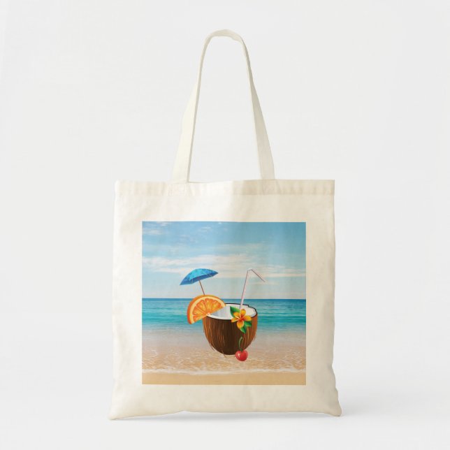 Tropical Beach,Blue Sky,Ocean Sand,Coconut Coctail Tote Bag (Front)