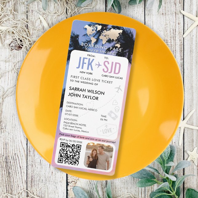 Tropical Beach Boarding Pass Ticket Destination Invitation (modern vertical boarding pass wedding invitation with tropical beach background IN PINK AND BLUE)