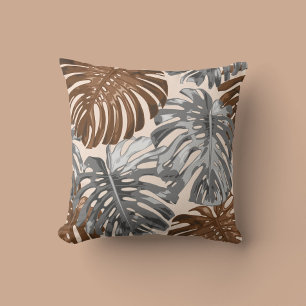 Tropical Beach Brown Grey Jungle Leaves Boho Throw Pillow