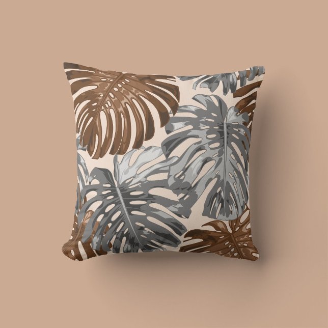 Tropical Beach Brown Grey Jungle Leaves Boho Throw Pillow (Creator Uploaded)