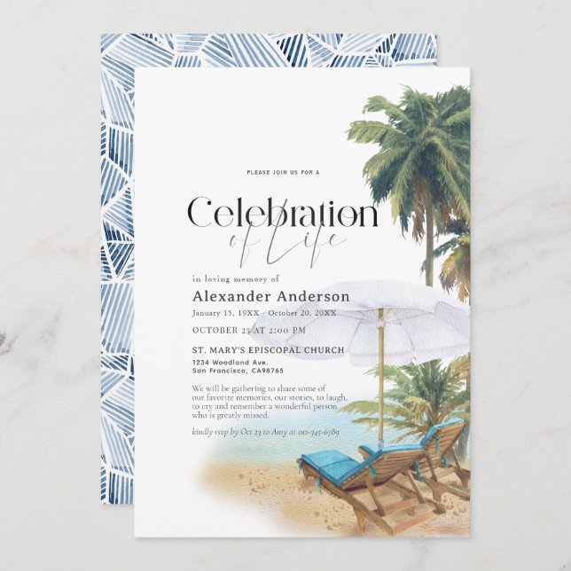 Tropical Beach Chairs Palm Trees Funeral Memorial Invitation (Front/Back)