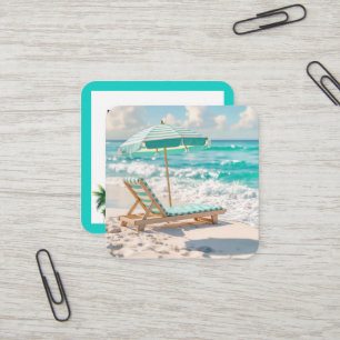 Tropical Beach Chaise Lounge On White Sand Square Business Card