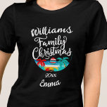Tropical beach Christmas family typology<br><div class="desc">This design is a personalized tropical-themed family Christmas t-shirt. It features a circular illustration with a beach scene that includes palm trees, sand, ocean waves, and a Christmas ornament. The text above the illustration reads the family name (“Williams” in the example), followed by “Family Christmas” in a festive, calligraphy font....</div>