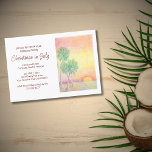 Tropical Beach Christmas in July Party Invitation<br><div class="desc">Festive Christmas in July party invitation with a script typography and tropical beach design with palm trees at sunset. With red customizable lettering,  you can add your own text. A great way to add a touch of summer to your holiday celebration.</div>