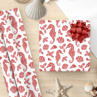Tropical Beach Christmas Red Glitter Seahorses Wrapping Paper