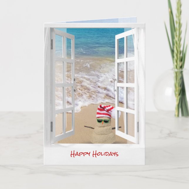 Tropical Beach Christmas Sand Snowman Card (Front)